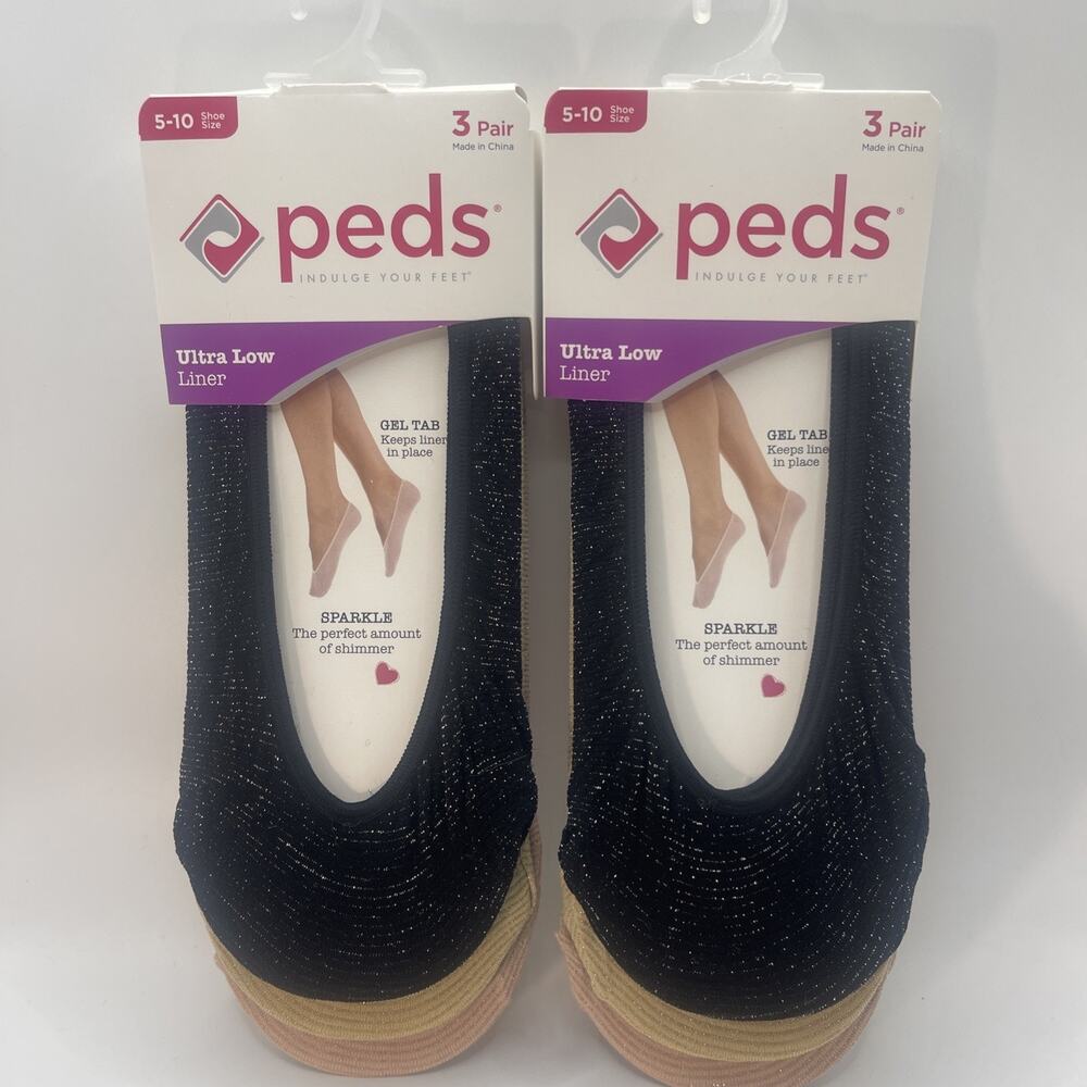 6 Pair Peds Girls Women Ultra Low Liner/ Sparkle Gel Tab Petite 5-10